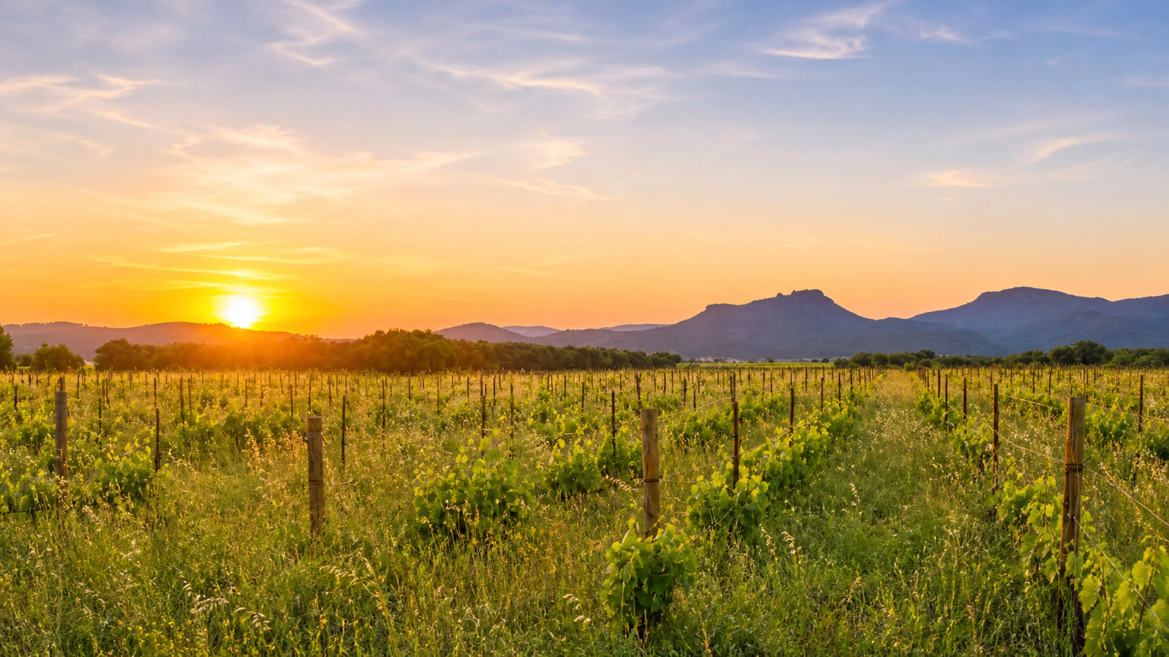 Le vignoble au soleil couchant face aux reliefs du Larzac, Montpeyroux